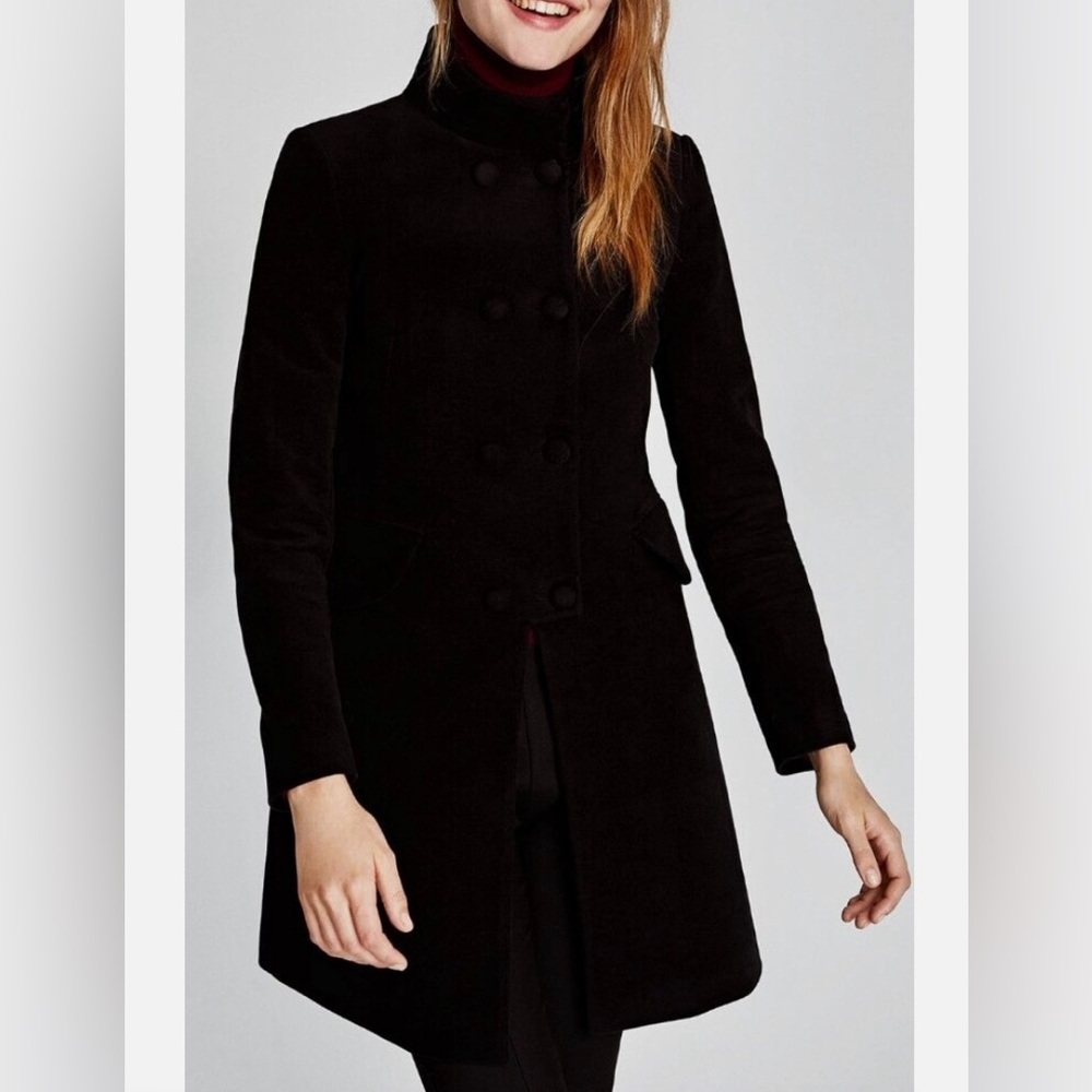 Zara black moleskin high collar double breasted coat